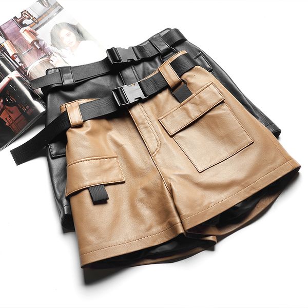 

women's short chic fashion with belt real leather s vitnage mid waist zipper fly pockets female pants mujer 230320, White;black