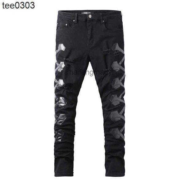 

pop jeans pu jeans patch black trendy men's small leg jeans, Blue