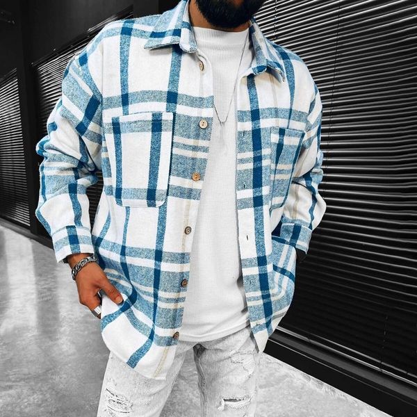 

men's casual shirts spring autumn men shirt turn-down collar cotton blend long sleeve plaid buttons shirt coat casual loose streetwear, White;black