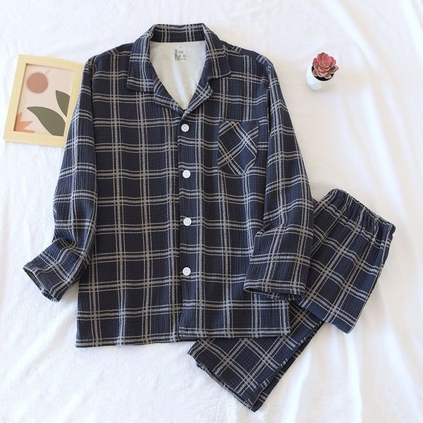 

men's sleepwear japanese spring and autumn men's 100% cotton crepe plaid pajamas long-sleeved trousers two-piece large size home s, Black;brown