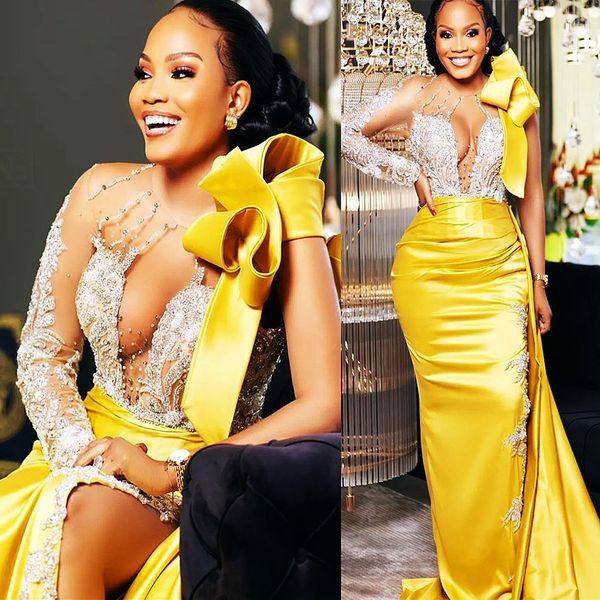 

2023 arabic aso ebi yellow sheath prom dresses lace beaded crystals evening formal party second reception birthday engagement bridesmaid gow, Black