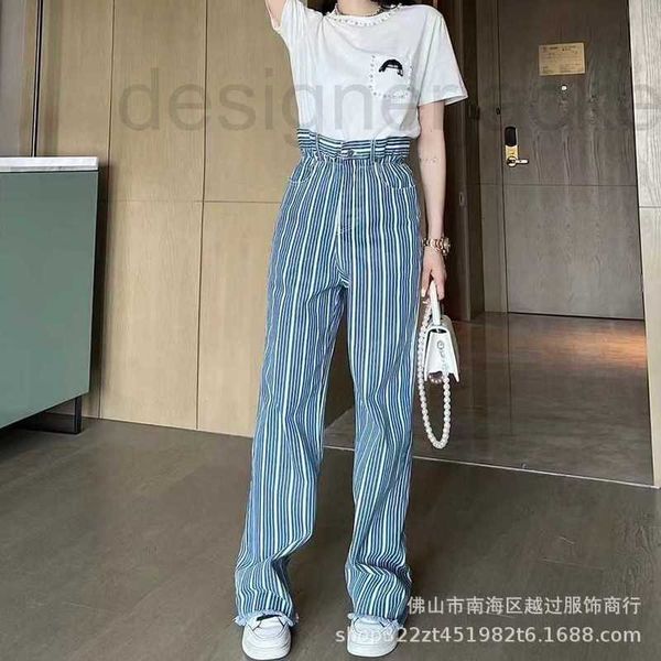 

women's jeans designer vertical stripe flower bud pants high waist wide leg slim ragged straight denim g63p, Blue