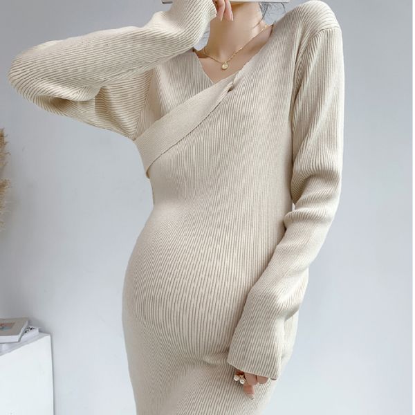 

maternity dresses 2232 autumn winter soft knitted dress elegant across v neck a line slim clothes for pregnant women pregnancy sweaters 2303, White