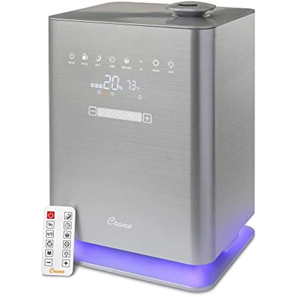 

warm and cool mist fill humidifier with remote, 1.2 gallon, 500 sq. ft coverage, uv ionizing light, metallic