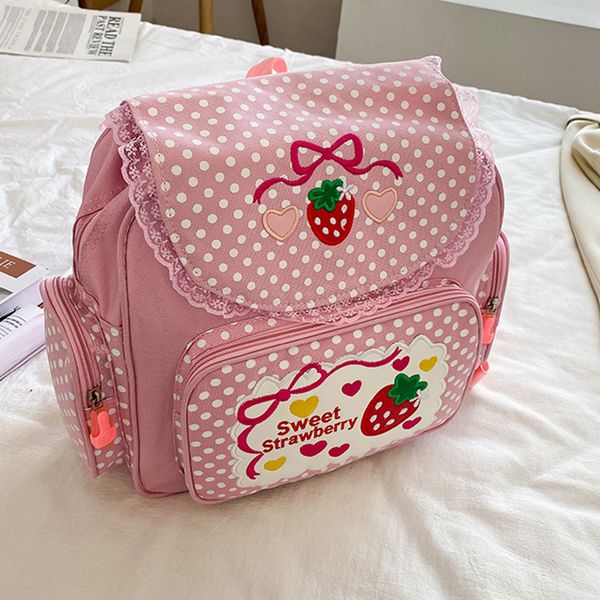 

school bags kawaii outdoor daypack cute strawberry embroidery student mochila dots multipocket nylon fashion college for teen girls 230320