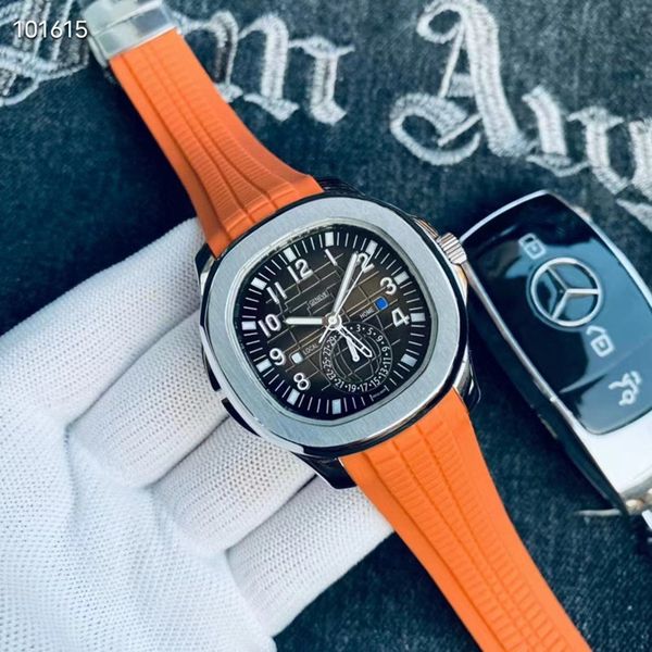 

four needles mens automatic mechanical watches 40mm stainless steel rubber strap wristwatches mineral crystal glass pate luxury brand watch, Slivery;golden
