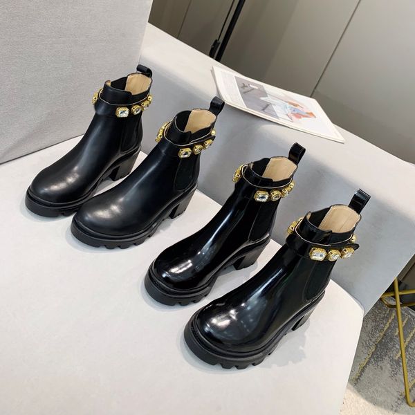 

new boots martin boots leather ankle boot with belt metal buckle diamond kitten heels loafers print embroidery jacquard textile retro spring, Black