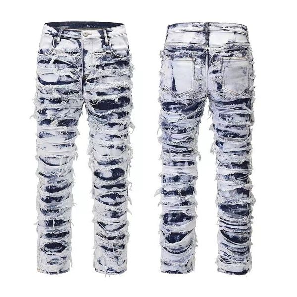 

men's jeans high street washed blue ripped cat beard worn beggar pants 230320