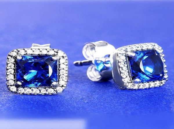 

925 sterling silver blue square sparkle halo stud earrings fits european pandora style jewelry fashion earrings1998124, Golden;silver