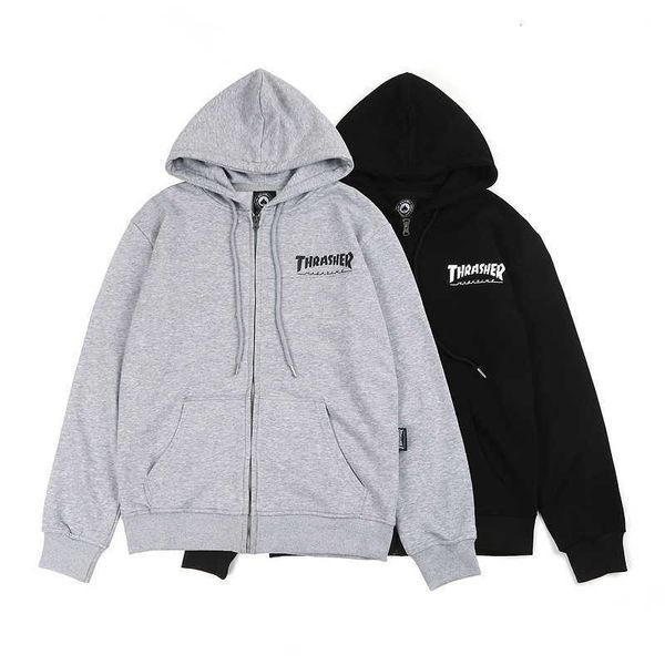 

men's hoodies flame tharsher zipper cardigan coat men's and women's loose sweater pure cotton couple dress plush hooded, Black