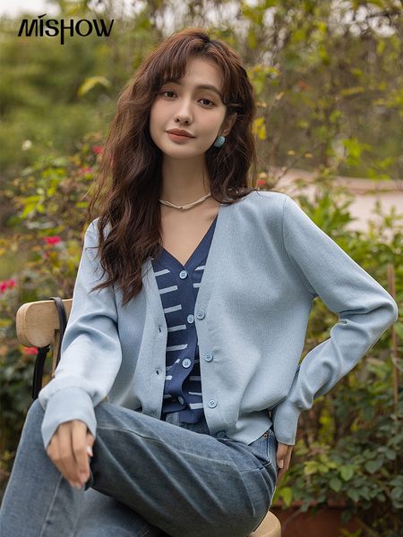 

women's knits tees mishow knitted patchwork cardigan women spring 2023 slim vneck single breasted striped sweater female mxc11z1258 230, White