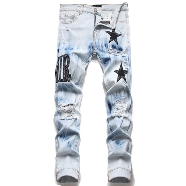 

men's jeans european jean hombre letter star men perforated embroidery patchwork ripped trend brand motorcycle pant mens skinny fashion, Blue