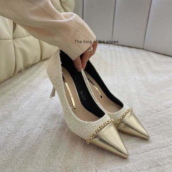

small fragrant wind pointed single lining naked high heels women's 2023 new spring and autumn french cut men's thin heels wedding, Black
