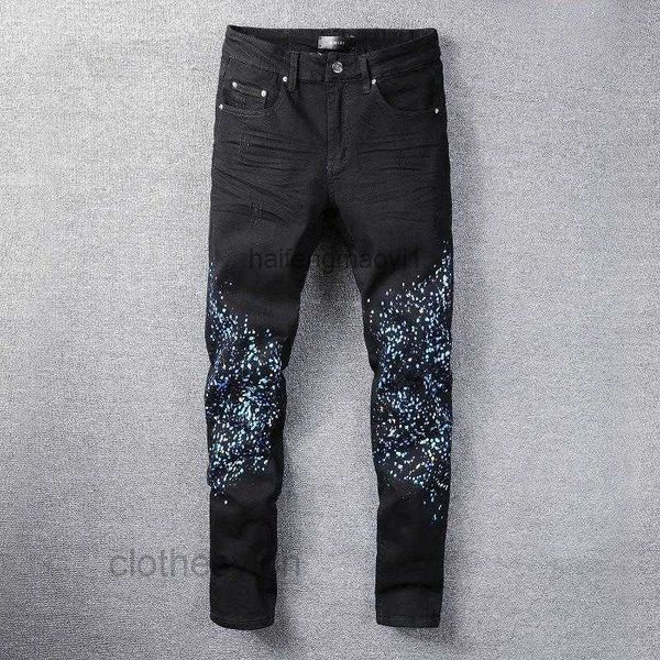 

t shirts designer jeans jean casual hip hop worn out and washed splash ink color painting slim fit men's #818, Blue