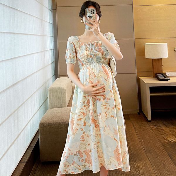 

maternity dresses floral dress summer clothes for pregnant women fashion square collar elastic flod short sleeve pregnancy vestidos 230320, White