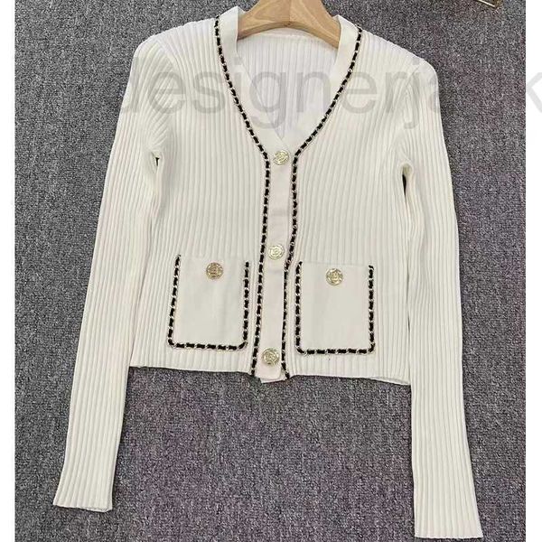 

women's knits & tees designer knitted b-neck chain pocket long sleeve cardigan pit strips slim feminine coat new thin 1gr3, White