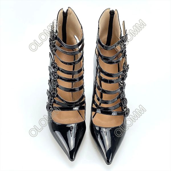 

olomm 2021 handmade women shiny pumps buckle strap stiletto heel pointed toe black club wear shoes women us size 5-15