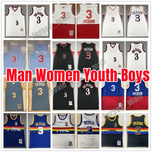 

custom youth kids women iverson retro basketball jerseys 3 allen mitchell and ness serving teams stitched jersey, Black;red