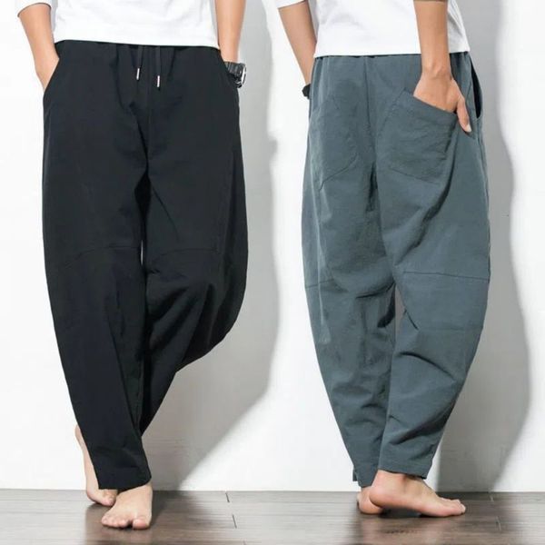 

men's pants chinese style harem pants men streetwear casual joggers mens pants cotton linen sweatpants ankle-length men trousers s-3xl, Black