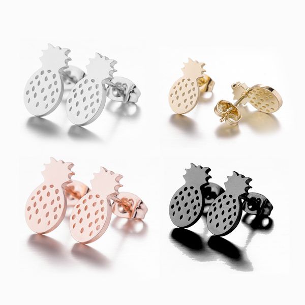 

wholesale stainless steel stud earrings for women mens girls tropical fruit pineapple earrings jewelry gifts rose gold black color small stu, Golden;silver