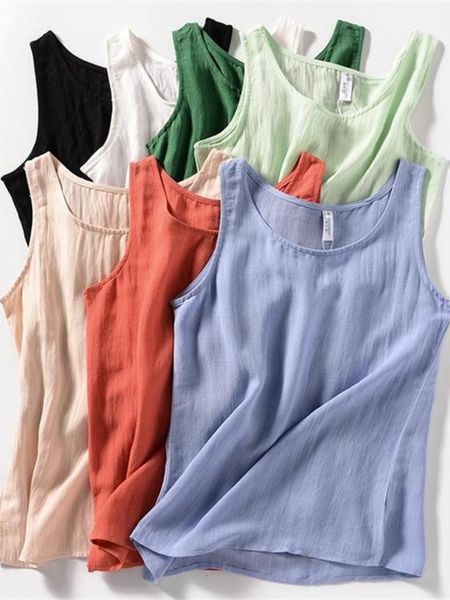 

women's tanks camis summer cotton and linen shirt sleeveless female basic o neck solid color loose casual tank for women 230317, White