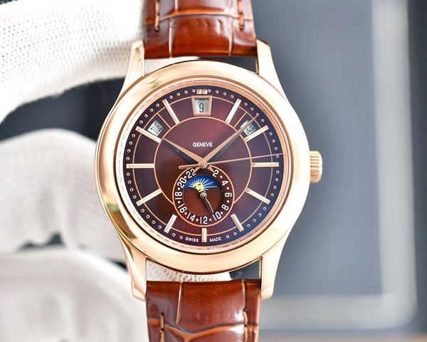 

four needles mens automatic mechanical watches 40mm full stainless steel leather strap wristwatches pate luxury brand watch moon phase genev, Slivery;golden