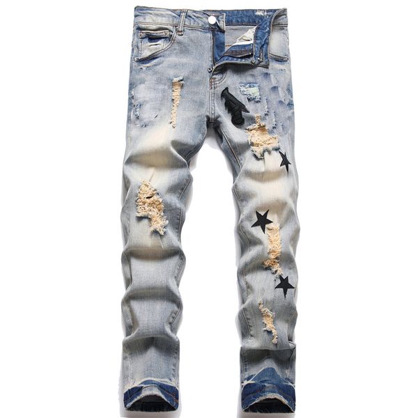 

mens jeans luxury designer jeans for mens letter star embroidery patchwork ripped trend brand motorcycle pant skinny fashion elastic slim fi, Blue