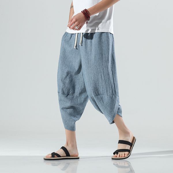 

men's pants harajuku summer harem casual pants men wide leg cotton linen calf length baggy pants fashion men's clothing 230320, Black