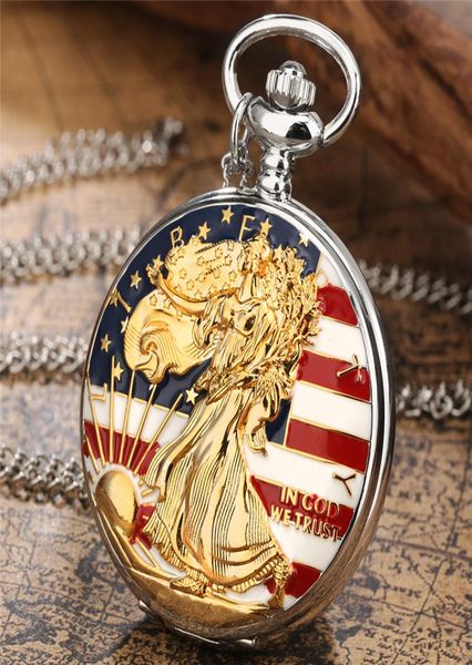

steampunk statue of liberty pattern pocket watch arabic numeral display quartz analog watches full hunter clock necklace chain sou9546828, Slivery;golden