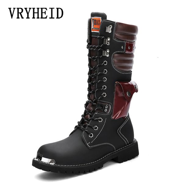 

boots vryheid men's leather motorcycle high midcalf military combat punk rock victorian clothing shoes big size 38 230320, Black