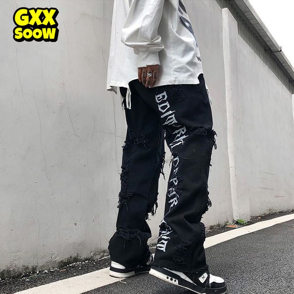 

mens jeans hole letter embroidery men streetwear loose destroyed ripped homme hip hop broken biker denim pants black 230320, Blue