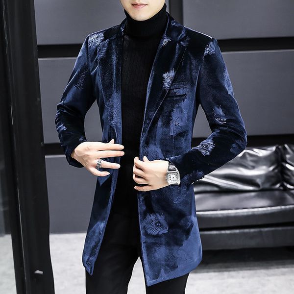 

men's wool blends royal blue print velvet warm coat designer winter jacket trendy slim fit long and for 230320, Black