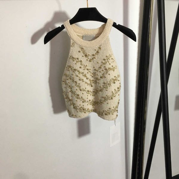 

23ss women brand designer vest studded pearl gold thread embroidery hanging neck type knitted elastic force womens clothes, White