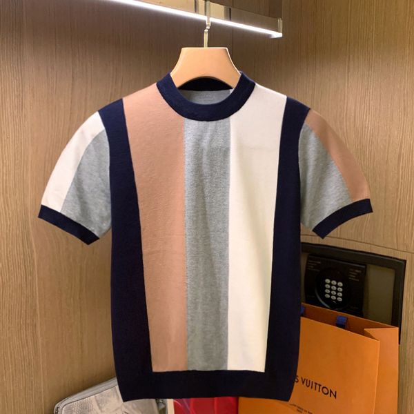 

men's t-shirts men summer short sleeve thin breathable t-shirt men's fashion slim striped knitted tees male round neck tee shirt 2, White;black