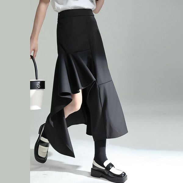 

skirt's black fashion casual summer japanese personalized split wood ear edge irregular medium length 230321