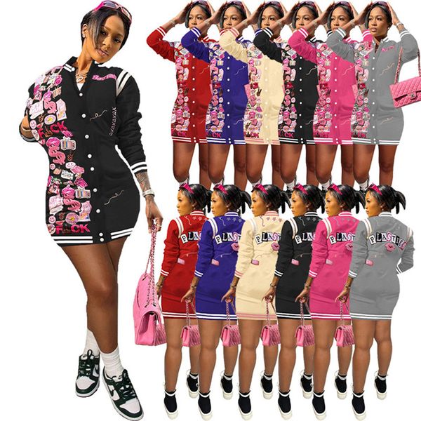 

2023 new designer brand baseball dresses women spring summer long sleeve one piece dress casual bodycon dresses fashion print dresses wholes, Black;gray