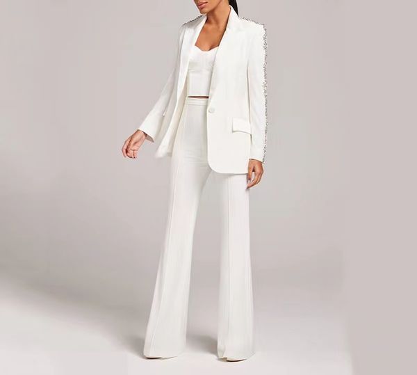 

high-quality office lady classic suits rhinestone beading white blazer and flare pants, White;black
