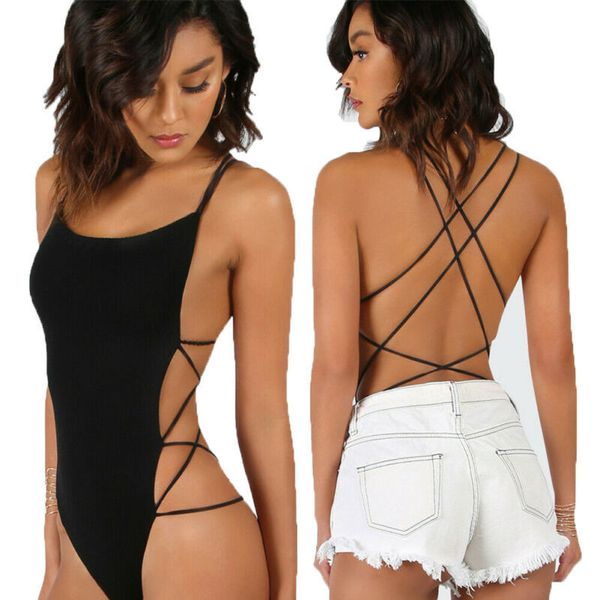 

womens jumpsuits rompers bandage bodysuit sleeveless backless women v neck lace up leotard summer lady casual romper jumpsuit 230321, Black;white