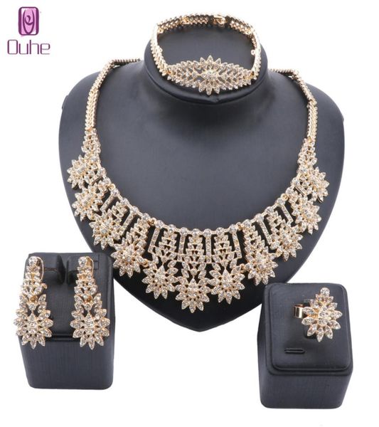 

dubai gold color crystal saudi jewelry sets nigerian wedding necklace jewellry set whole bracelet earring ring set9927264, Slivery;golden