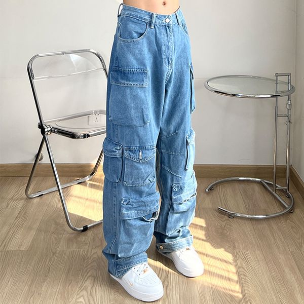 

men's jeans houzhou oversize cargo men vintage distressed denim trousers male baggy casual pants hip hop streetwear retro pocket 230320, Blue