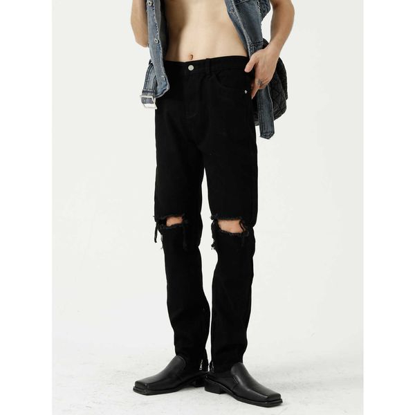 

2021 men's stretchy black jeans skinny slim fit drill punk streetwear biker trousers man rhinestone hole denim pencil pants, Blue