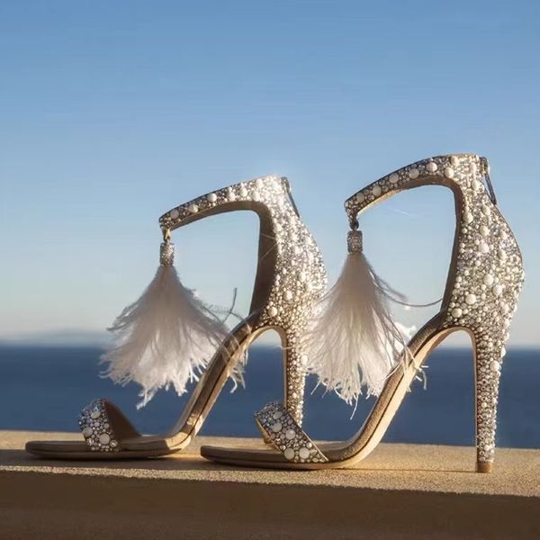 

sandals feather tassel high heels crystal shoe 39s stiletto wedding bridal sandal 230321, Black