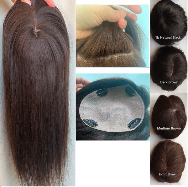 

100% virgin human hair er hairpiece toupee for women. 5.5 in x 6 in new silk base, 8in~20in, part closure, one-length, Black;brown