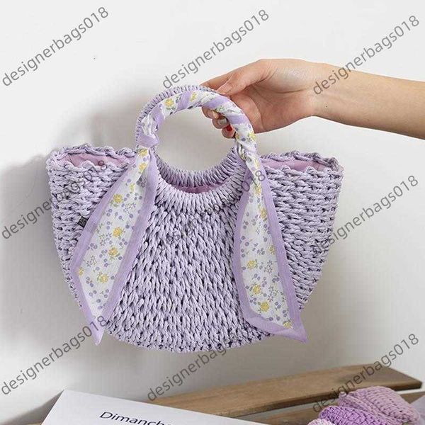 

bags evening bags 2022 cute bright lavender purple straw woven handbag women circle handle silk scarf handmade wicker bali beach bag