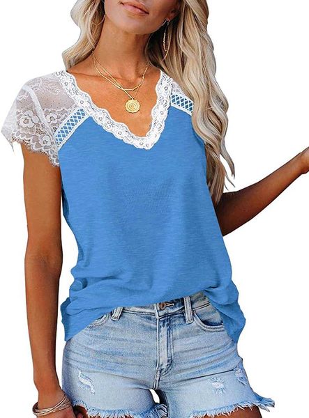 

women's lace basic v-neck t-shirts short sleeve loose fitting tunic tank e4s9, White