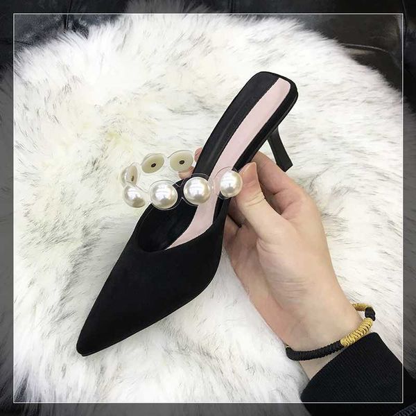 

sandals big pearl slingback high heels sandals women transparent band beading sandalias pointy flock thin heel mules female slippers g230321, Black