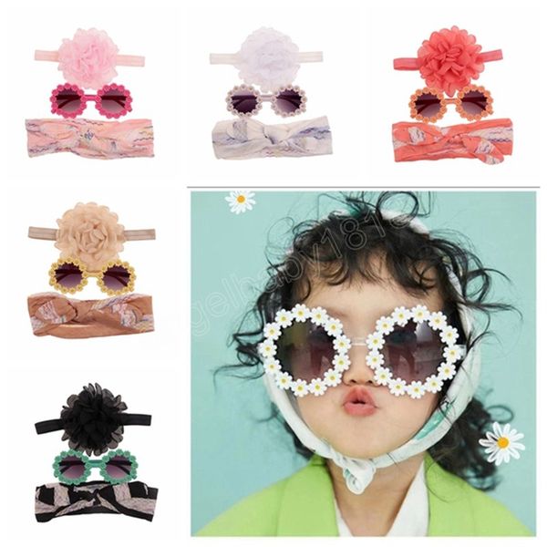 

3pcs/lot baby girls sunglasses headband set chiffon flower rabbit ear bows kids headwear sunflower glasses, Slivery;white