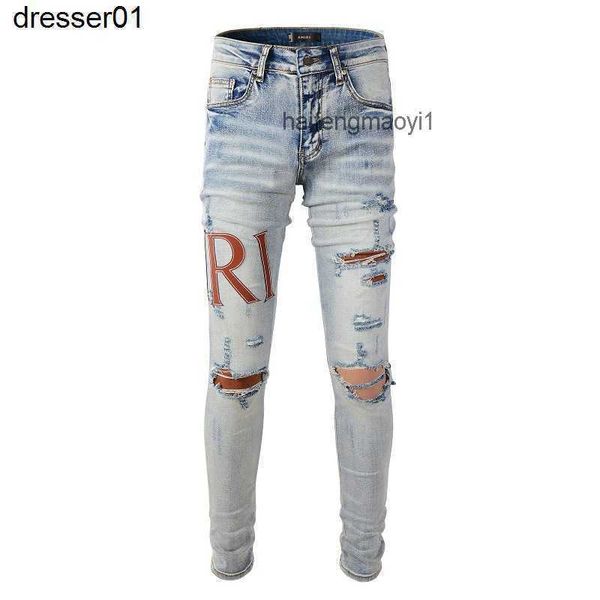 

new us casual jeans hip hop high street worn out and worn washed splash ink color painting slim fit jeans men's, Blue