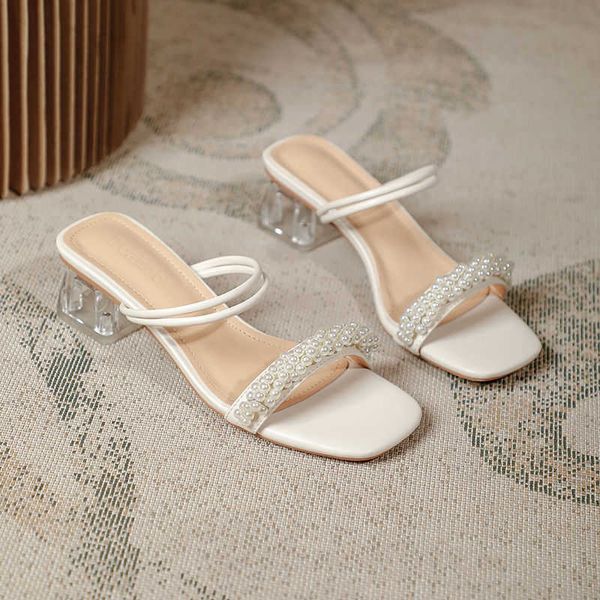 

sandals famous brand pearl strings band sandals women two ways wear summer slides shoes crystal med-high heels gladiator sandalias mujer g23, Black