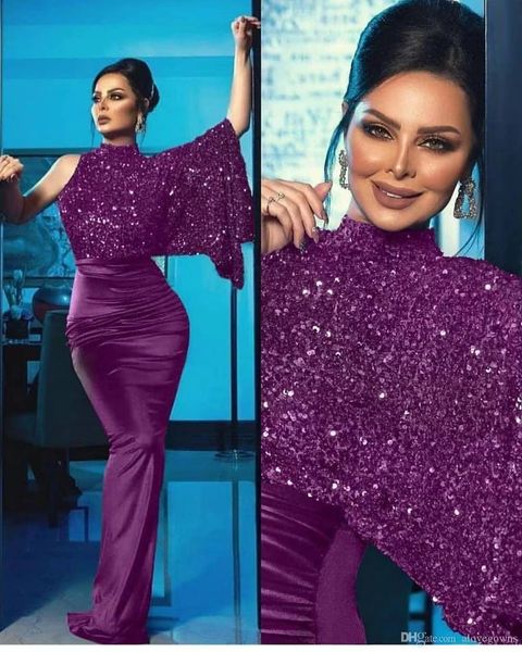 

elegant long prom dresses satin sequined blue purple mermaid long sleeve beaded lace appliques evening party gowns dubai arabic aso ebi form, Black